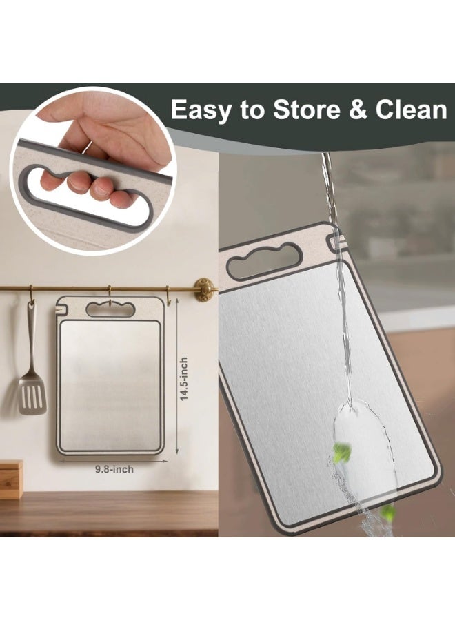 Eesyy Double Sided Multi-Purpose Steel Cutting Board, 304 Stainless Steel Chopping Board for Meat Vegetables Fruits, Built-in Knife Sharpener Garlic Grater, Juice Groove Handle, 37 x 25 cm - Image 4
