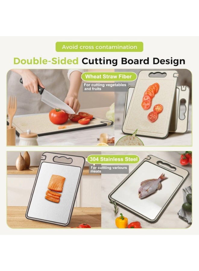 Eesyy Double Sided Multi-Purpose Steel Cutting Board, 304 Stainless Steel Chopping Board for Meat Vegetables Fruits, Built-in Knife Sharpener Garlic Grater, Juice Groove Handle, 37 x 25 cm - Image 5