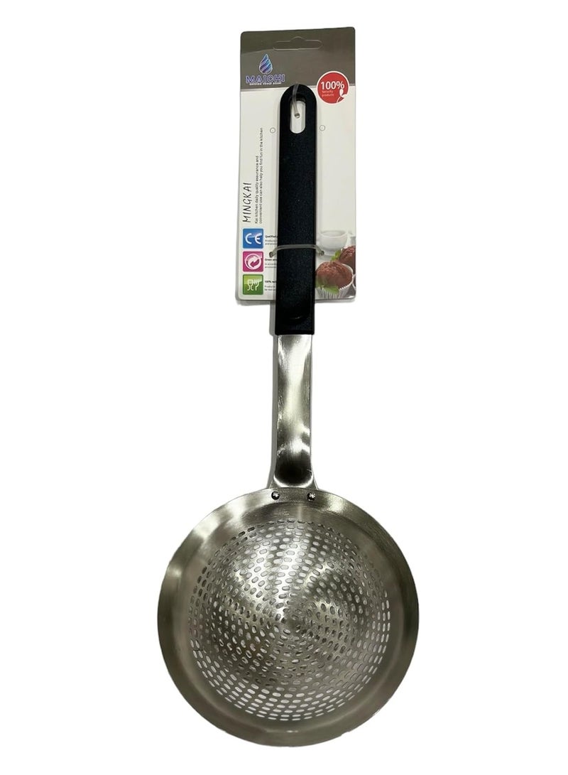 Stainless steel oil strainer with black handle - Image 1