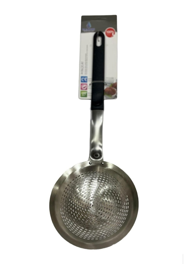 Stainless steel oil strainer with black handle - Image 3