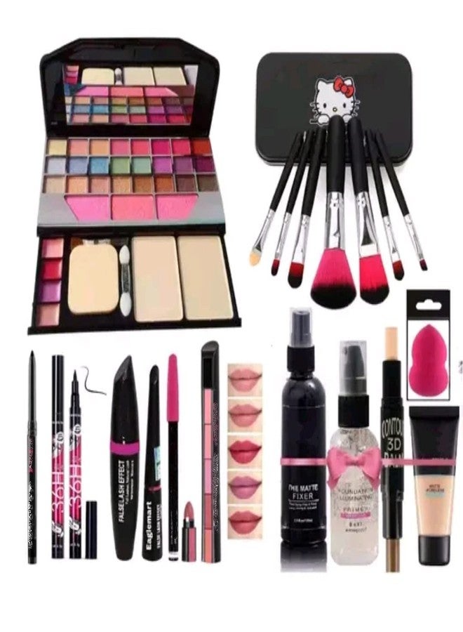 JAAYANSHA TYA 6155 Makeup Kit with 7 Black Makeup Brush, 1 Lipstick, Fixer, Primer, Contour, Foundation, 3in1 Eye Combo, 36H, Kajal and 1 Beauty Blender - (Pack of 19) - Image 1