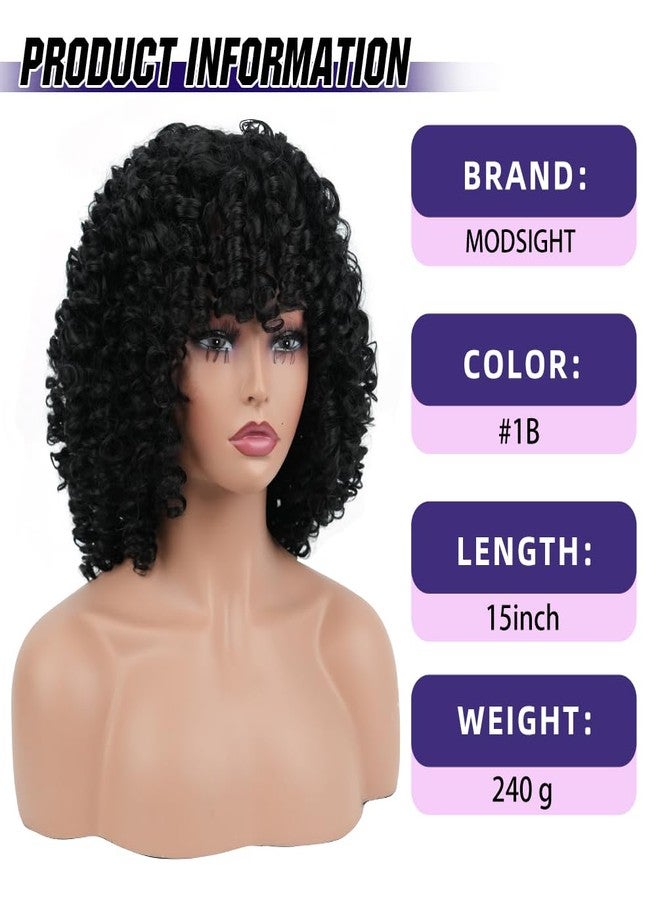 MODSIGHT Afro Curly Wig with Bangs for Black Women,Kinky Curly African American Natural Looking wigs for Women Daily Use(1B) - Image 3
