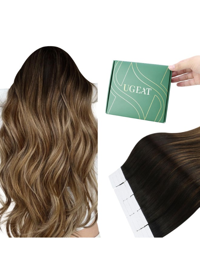Ugeat Tape in Extensions Human Hair Light Brown Balayage Tape in Extensions Remy Human Hair Ombre Brown with Golden Blonde Easy Remove No Damage to Natural Hair for Halloween 16 Inch 20Pcs 50G - Image 2