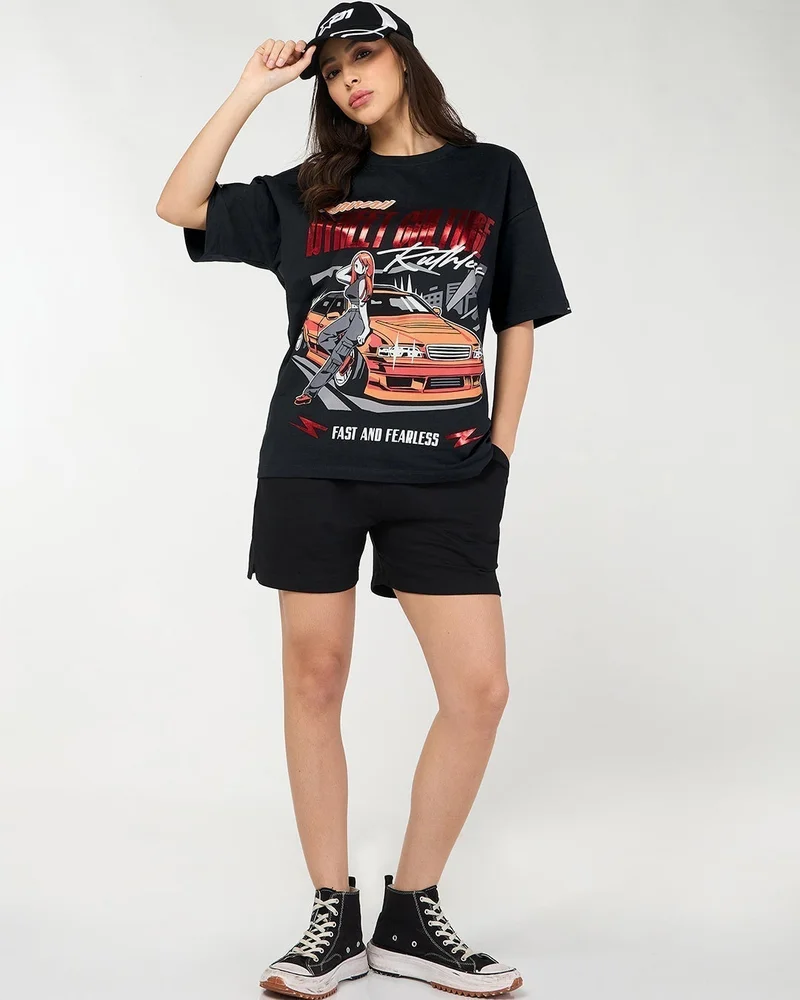 bewakoof Women's Jet Black Kawaii Racing Graphic Printed Oversized T-shirt