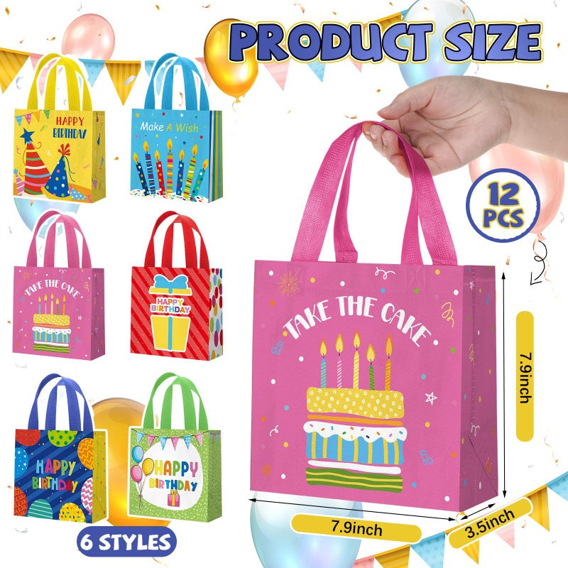 Wesnoy 12 Pcs Happy Birthday Gift Bags Bulk 8 x 10 x 4 in Birthday Gift Bags Reusable Goodie Non Woven Tote Bag with Handles Cake Candy Gifts Wrap for Baby Shower Party Supplies - Image 2
