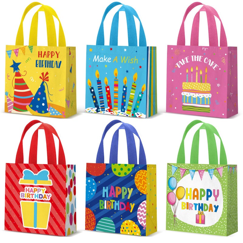 Wesnoy 12 Pcs Happy Birthday Gift Bags Bulk 8 x 10 x 4 in Birthday Gift Bags Reusable Goodie Non Woven Tote Bag with Handles Cake Candy Gifts Wrap for Baby Shower Party Supplies - Image 1