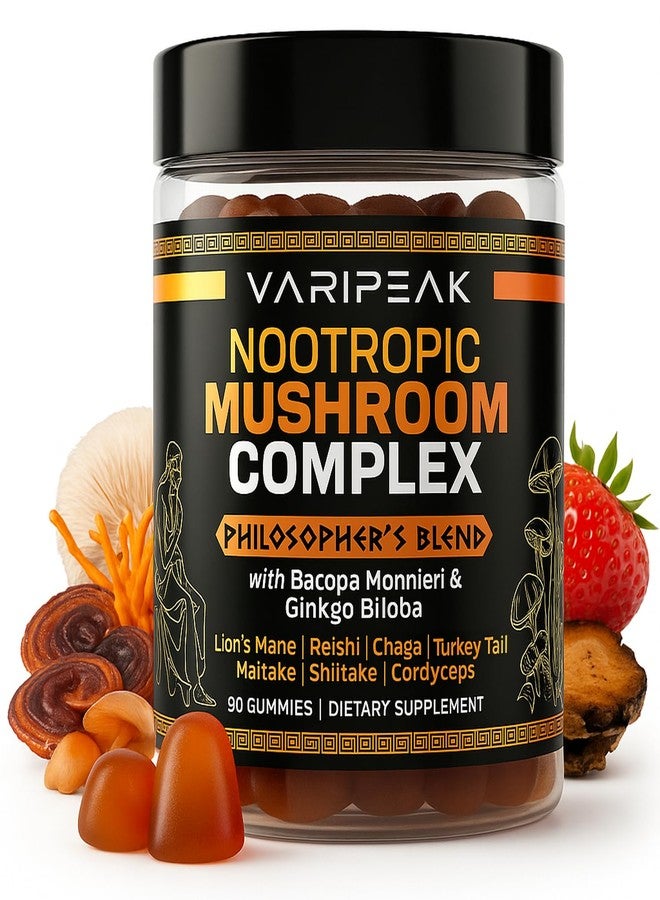 Varipeak 9-In-1 Nootropic Mushroom Gummies | With Lion's Mane, Reishi, Chaga, & More | Enhanced with Bacopa Monnieri & Gingko Biloba | For Focus & Memory | 90 Ct | Sugar Free & Vegan | for Men and Women - Image 1