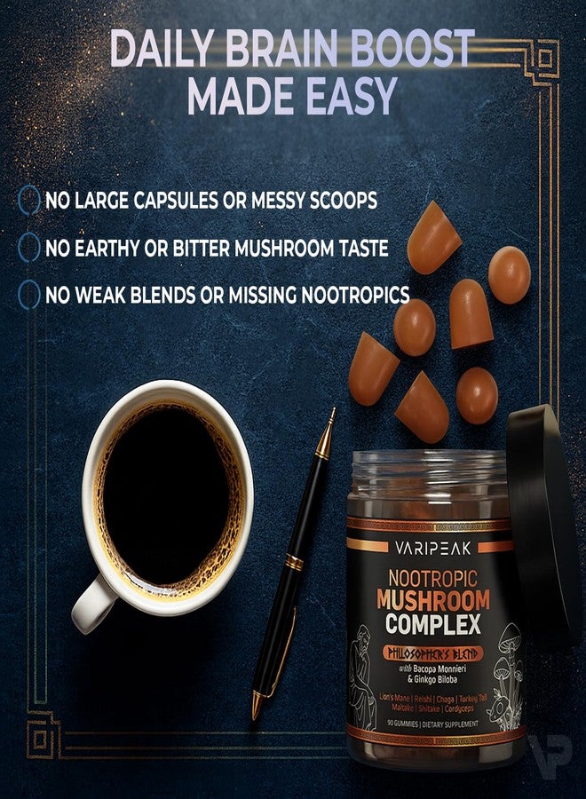 Varipeak 9-In-1 Nootropic Mushroom Gummies | With Lion's Mane, Reishi, Chaga, & More | Enhanced with Bacopa Monnieri & Gingko Biloba | For Focus & Memory | 90 Ct | Sugar Free & Vegan | for Men and Women - Image 3