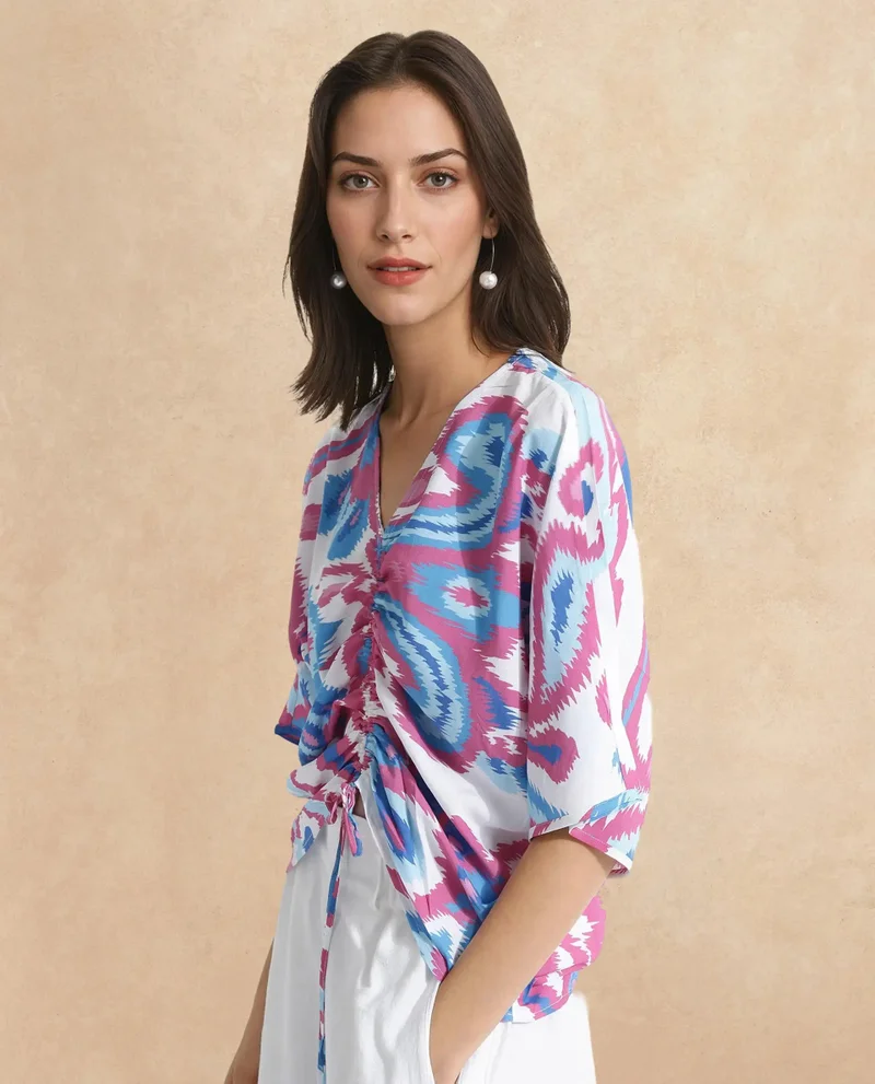 Rareism Women's Abstract Print V-Neck Top