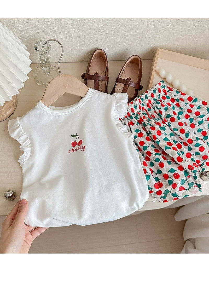 Loquat Girls Printed Shorts Set Sleeveless Ruffled T-shirt And Loose Shorts Summer Casual Set  - Image 2