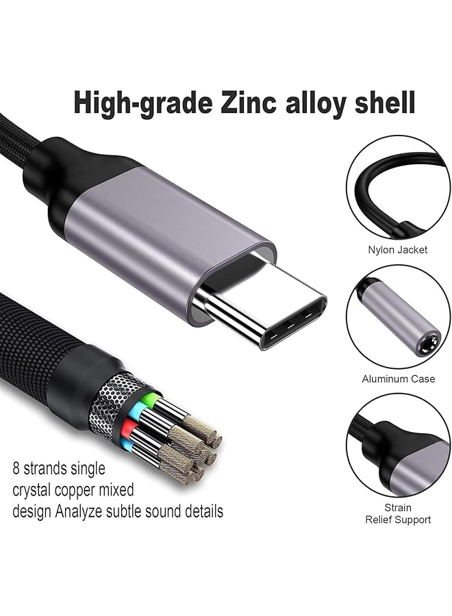 محول USB C إلى مقبس 3.5 مم، محول USB C إلى مقبس سماعة رأس أنثى 3.5 مم، محول من النوع C إلى 3.5 مم Hi Fi Dac متوافق مع جميع الهواتف واللوحيات وما إلى ذلك، رمادي
