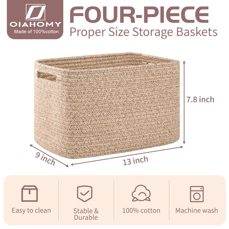 OIAHOMY 4 Pack Storage Baskets for Organizing, Cube Storage Bins for Shelves, Rectangle Storage Baskets With Handles, Woven Baskets for Storage, 12.7''Lx9''Wx7.8''H, Brown - Image 2
