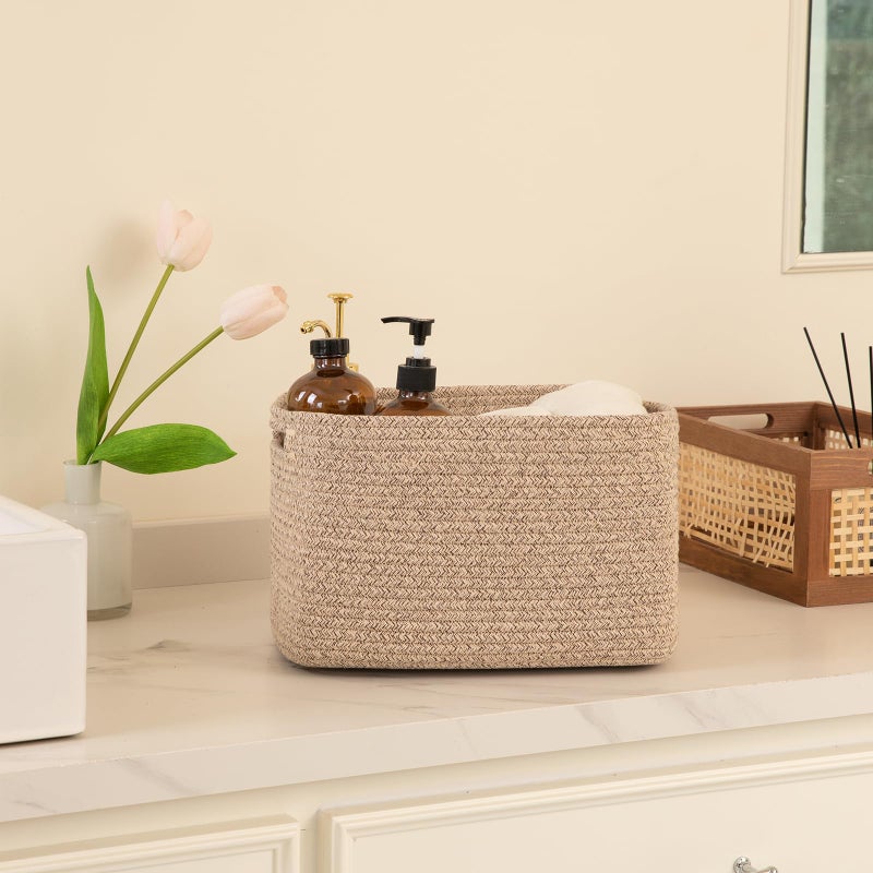 OIAHOMY 4 Pack Storage Baskets for Organizing, Cube Storage Bins for Shelves, Rectangle Storage Baskets With Handles, Woven Baskets for Storage, 12.7''Lx9''Wx7.8''H, Brown - Image 5