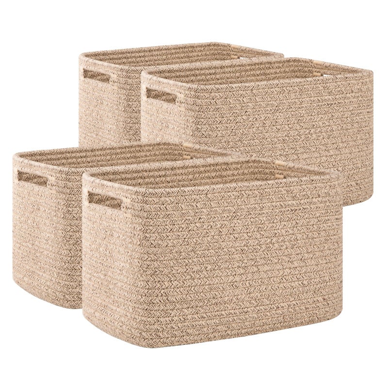 OIAHOMY 4 Pack Storage Baskets for Organizing, Cube Storage Bins for Shelves, Rectangle Storage Baskets With Handles, Woven Baskets for Storage, 12.7''Lx9''Wx7.8''H, Brown - Image 1