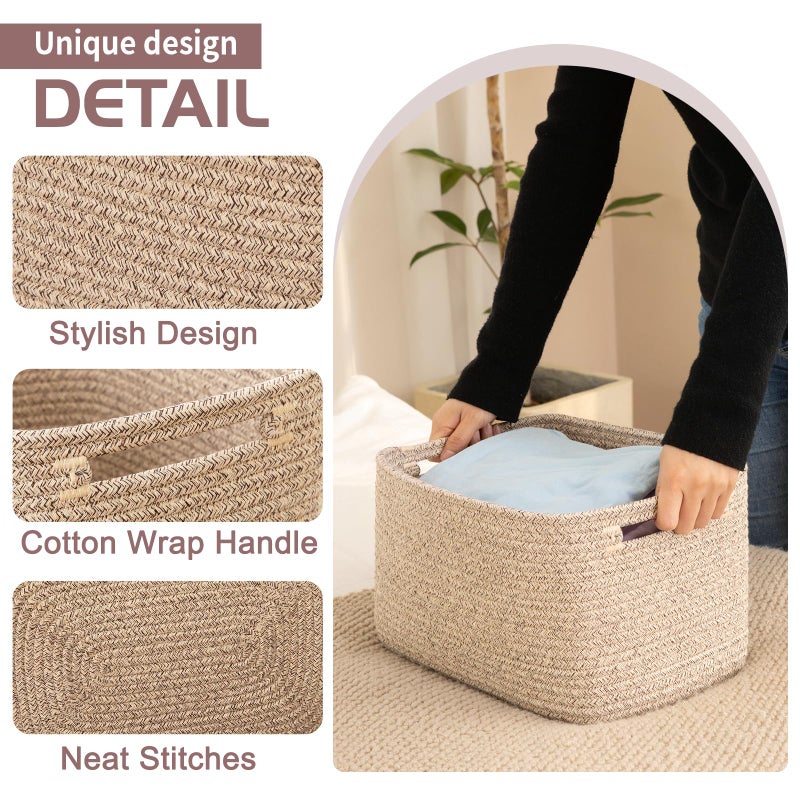 OIAHOMY 4 Pack Storage Baskets for Organizing, Cube Storage Bins for Shelves, Rectangle Storage Baskets With Handles, Woven Baskets for Storage, 12.7''Lx9''Wx7.8''H, Brown - Image 3