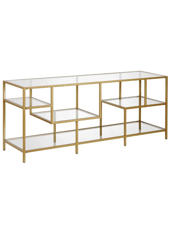 HOME TASTE Hometaste Modern Rectangular Metal And Glass Tv Stand: Sleek Entertainment Hub With Gaming Console Storage - Perfect For Living Rooms And Offices - Accommodates Tvs Up To 147.3Cm Gold 