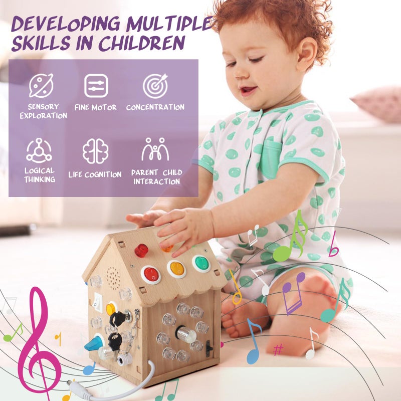 Dinhon Sound and Light Busy House Wooden Montessori Busy Board Light Switch Games Toddler Sensory Toys Montessori Toys for 3 Year Old Gifts for Boys and Girls - Image 3