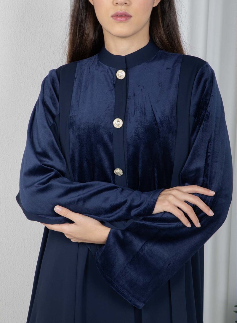 MSquare Fashion Navy Round Neck Nida and Velvet Abaya with Front Button Detailing  - Image 3