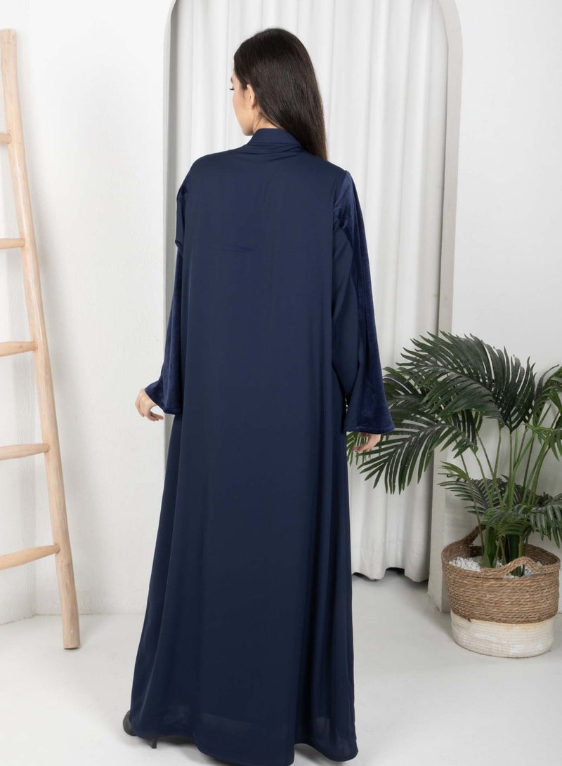 MSquare Fashion Navy Round Neck Nida and Velvet Abaya with Front Button Detailing  - Image 4