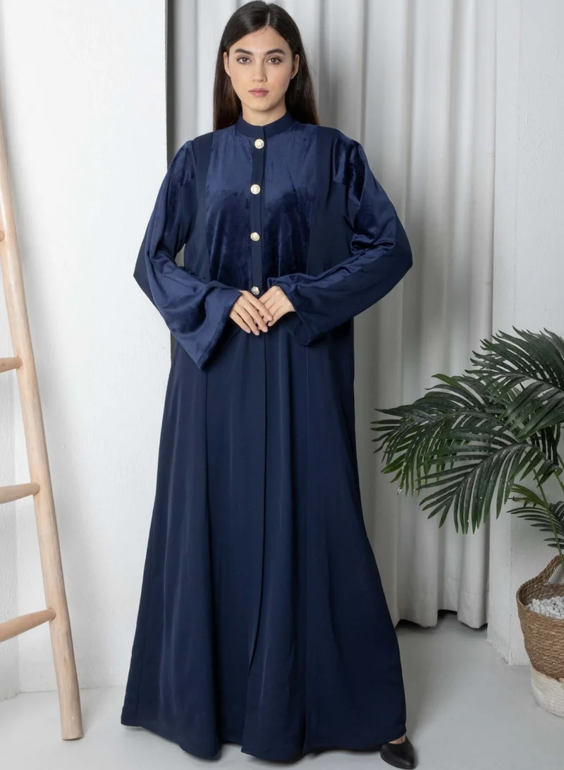 MSquare Fashion Navy Round Neck Nida and Velvet Abaya with Front Button Detailing
