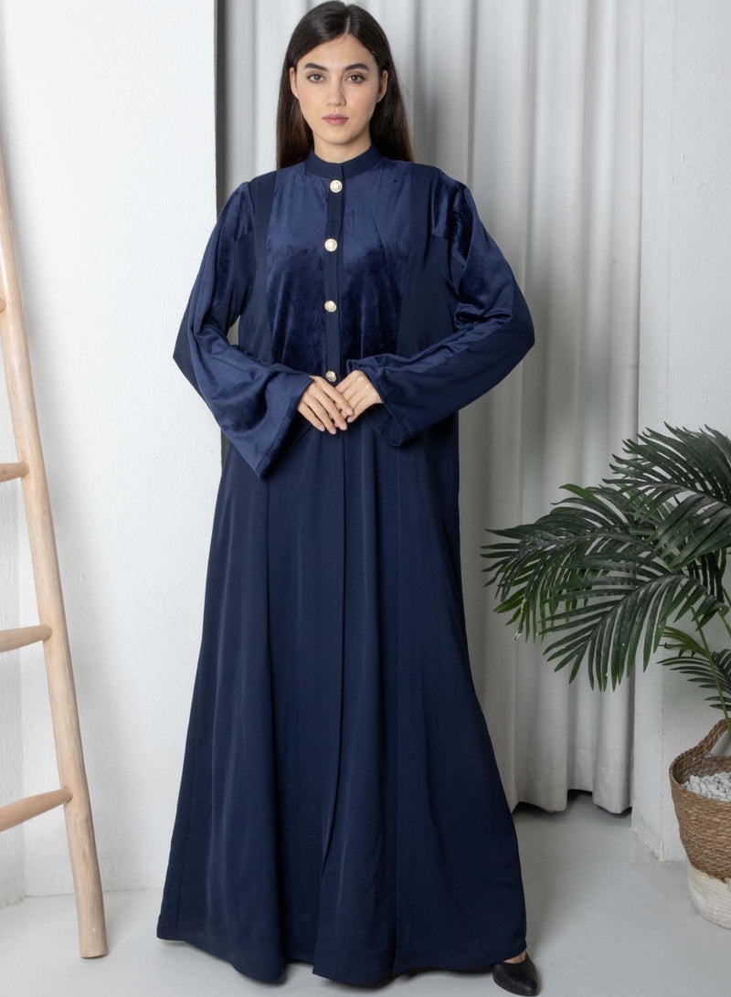 MSquare Fashion Navy Round Neck Nida and Velvet Abaya with Front Button Detailing  - Image 1