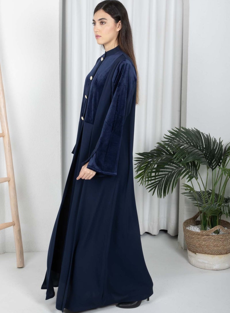 MSquare Fashion Navy Round Neck Nida and Velvet Abaya with Front Button Detailing  - Image 2
