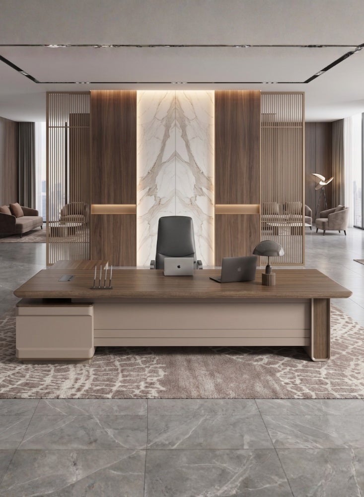 KARNAK Aero Executive Desk L-Shaped Office Desk with Storage Cabinet, Cable Management & Metal Frame (Walnut & Beige Grey) - Image 4