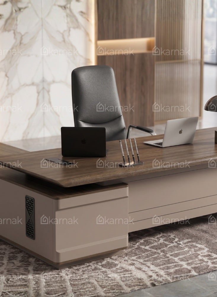 KARNAK Aero Executive Desk L-Shaped Office Desk with Storage Cabinet, Cable Management & Metal Frame (Walnut & Beige Grey) - Image 5