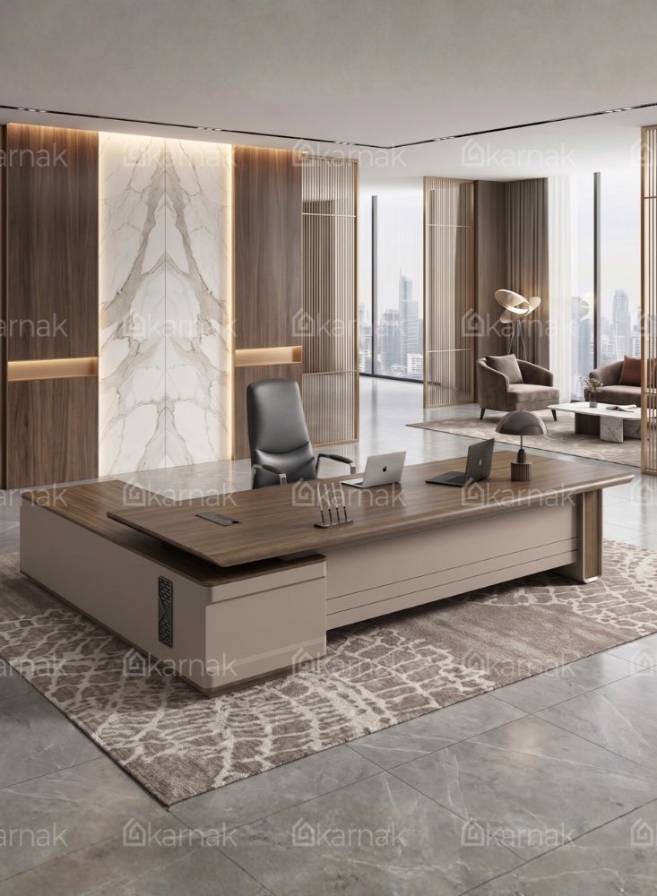 KARNAK Aero Executive Desk L-Shaped Office Desk with Storage Cabinet, Cable Management & Metal Frame (Walnut & Beige Grey) - Image 3