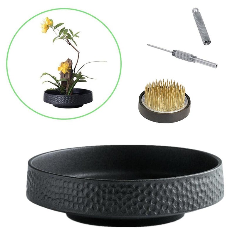 Japanese Ikebana Vase Kit Flower Shallow Container Ceramics Ikebana Vase with 157inch Flower Frog and Floristry Floral Frog Kenzan Needle Straightening Tool Hammer Pattern Bowl