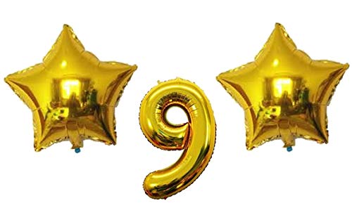 Evisha 1 pcs Number Foil Balloons and 2 pcs Star Golden Foil Balloons (Set of 3 Balloons) Size : 16" (9-Stars) - Image 1