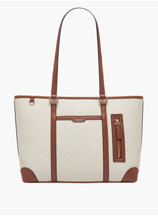 سيليست Monogram Print Tote Bag with Double Handles and Zip Closure
