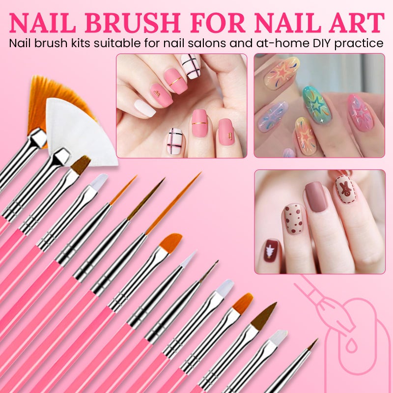 ESUOHYM Nail Art Brushes Set with Brush Stand Nail Sculpture Pen Dotting Tools For Paint 3D Nails,Nail Design Brush for Acrylic Gel Dip Powder Nail Extensions,French Manicure,for Home Salon (Pink) - Image 3