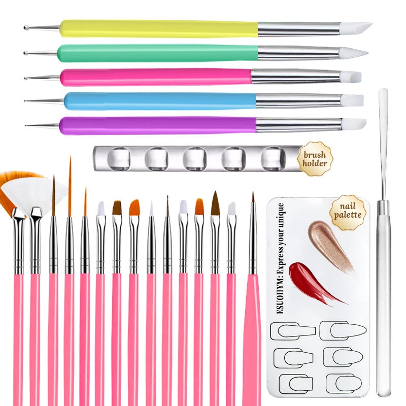 ESUOHYM Nail Art Brushes Set with Brush Stand Nail Sculpture Pen Dotting Tools For Paint 3D Nails,Nail Design Brush for Acrylic Gel Dip Powder Nail Extensions,French Manicure,for Home Salon (Pink) - Image 1