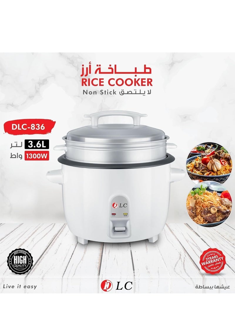 Generic Rice Cooker, 1300W Power, 3.6L, Removable Non-Stick Bowl & Steaming Tray with Water Level Indicator, Glass Lid & Cool Touch for Healthy Meals, Easy to Use  - Image 4