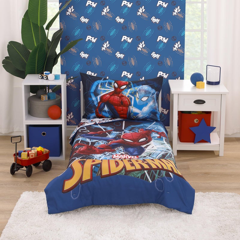 NoJo Marvel Spiderman to The Rescue Red, White, and Blue 4 Piece Toddler Bed Set - Comforter, Fitted Bottom Sheet, Flat Top Sheet, and Reversible Pillowcase - Image 1