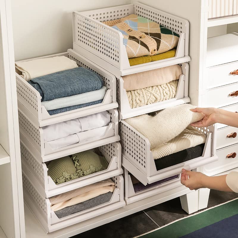 HOTOOLME Set of 3 Stackable Wardrobe Storage Box Foldable Organize Plastic Shelves Closet Drawers Large Capacity Organiser for Home Bedroom Laundry