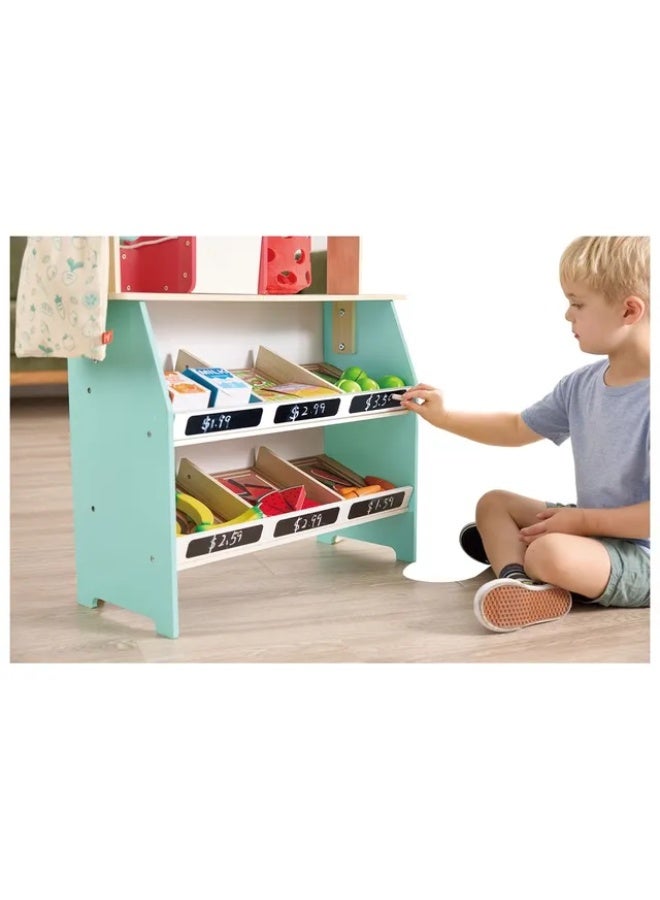 Hape Farmers Market Stall 62-Piece Wooden Grocery Shop Playset for Kids with Light & Sound Cash Register, Scanner, Play Food, Money & Shopping Accessories, Pretend Role Play Toy, Ages 3+ - Image 3