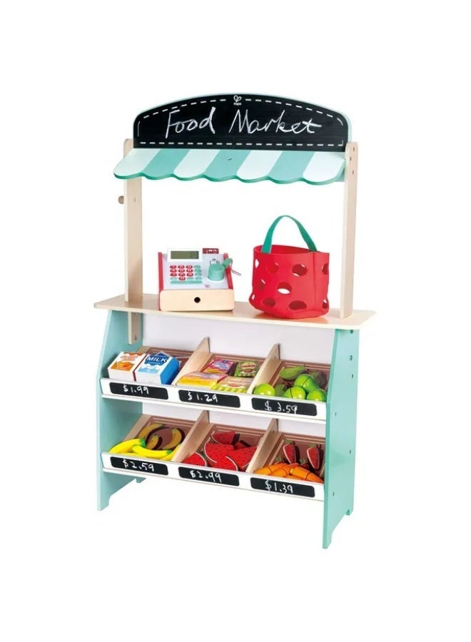 Hape Farmers Market Stall 62-Piece Wooden Grocery Shop Playset for Kids with Light & Sound Cash Register, Scanner, Play Food, Money & Shopping Accessories, Pretend Role Play Toy, Ages 3+ - Image 1