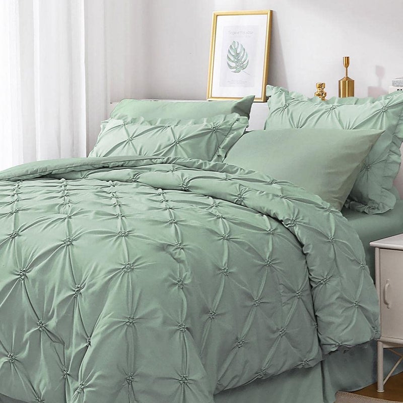 JOLLYVOGUE King Size Comforter Set 7 Pieces Green Bed in a Bag Comforter Set for Bedroom Beddding Sets with Comforter SheetsRuffled Shams  Pillowcases