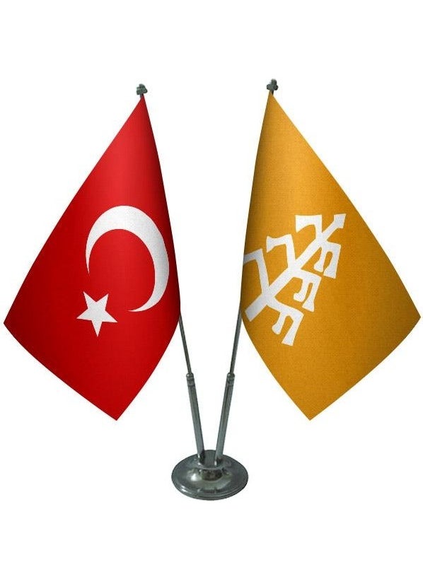 Saturndesign - Desktop Karakhanids Flag Turkish Flag Double Chrome Poles Table Flag Set - Image 1