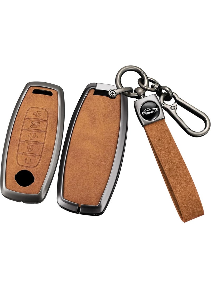 NOSKIN Metal Leather 5 Button Key Fob Cover Fit for Nissan Rogue 2023-2026 Pathfinder Versa Kicks Sentra Ariya Keyless Key Holder with Keychain Brown - Image 1