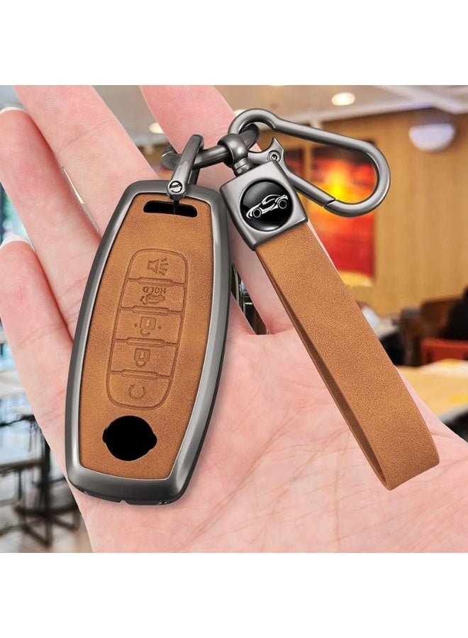 NOSKIN Metal Leather 5 Button Key Fob Cover Fit for Nissan Rogue 2023-2026 Pathfinder Versa Kicks Sentra Ariya Keyless Key Holder with Keychain Brown - Image 4