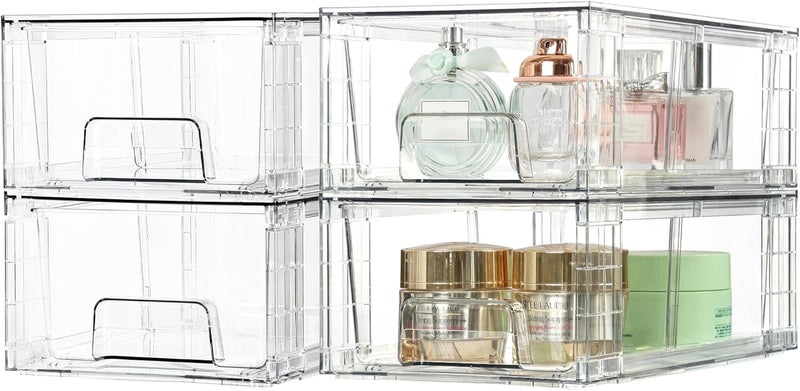 Vtopmart 4 Pack Clear Acrylic Stackable Storage Drawers Organizers with Handles, Easily Assemble for Fridge, Bathroom, Kitchen Undersink, Cabinet, Pantry Organization - Image 1