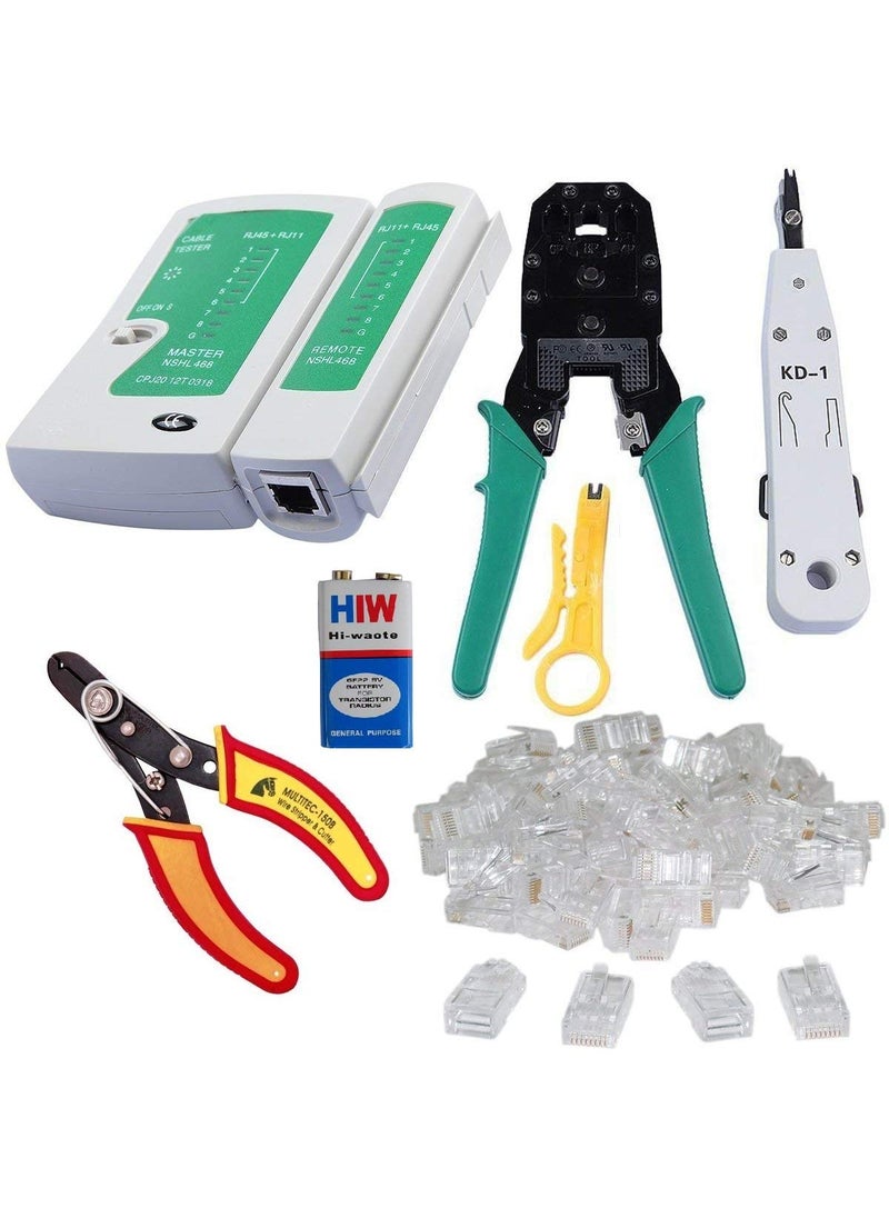 Generic Metal Networking Working Tools Rj45 Rj11 Crimping Multitec Cutter Kd1 Professional Punch Down Tool Network Lan Cable Tester 9v Battery and Rj45 Plug 25 Pc Connectors Network Ethernet Tools  - Image 1