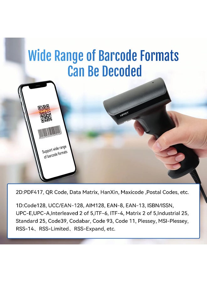HPRT General Purpose Barcode Scanner,HPRT 1D 2D QR Code Scanner,Handheld UPC EAN Label Screen Reader with Android iOS Windows,USB Wired,Rechargeable for Retails Supermarket Warehouse Library - Image 3