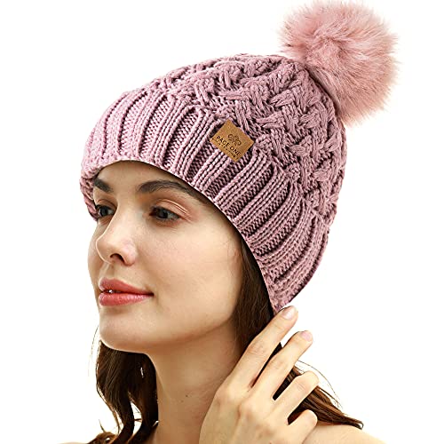PAGE ONE Womens Winter Ribbed Beanie Crossed Cap Chunky Cable Knit Pompom Soft Warm Hat Pink - Image 2