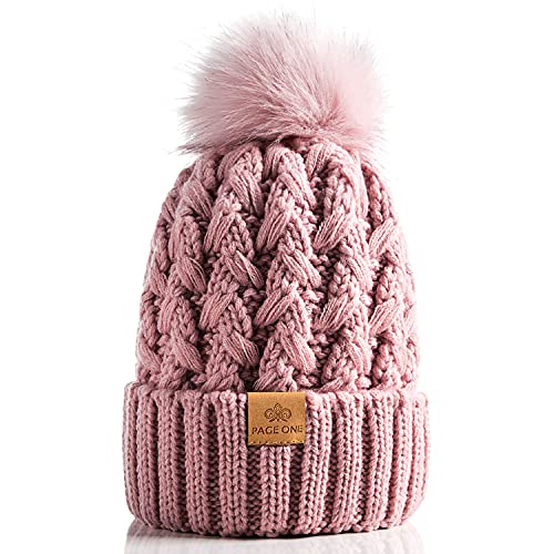 PAGE ONE Womens Winter Ribbed Beanie Crossed Cap Chunky Cable Knit Pompom Soft Warm Hat Pink - Image 1