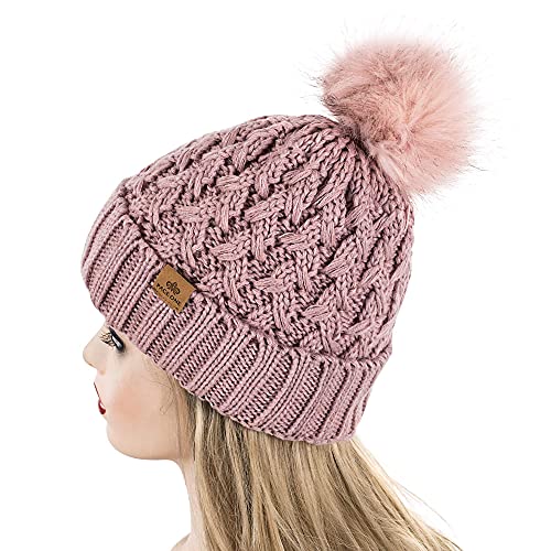 PAGE ONE Womens Winter Ribbed Beanie Crossed Cap Chunky Cable Knit Pompom Soft Warm Hat Pink - Image 3
