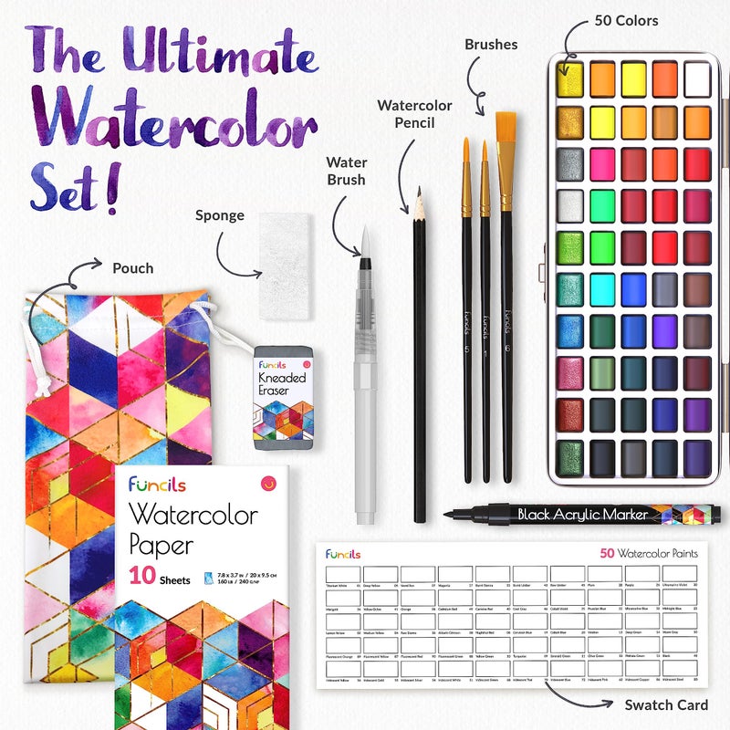 Funcils Watercolor Paint Set - 50 Travel Watercolors Set - Water Colors Paint for Adult, Kids, Beginners, Professional Artists | Watercolor Palette with Paper, Brush, Pen | Art Supplies for Adults - Image 2